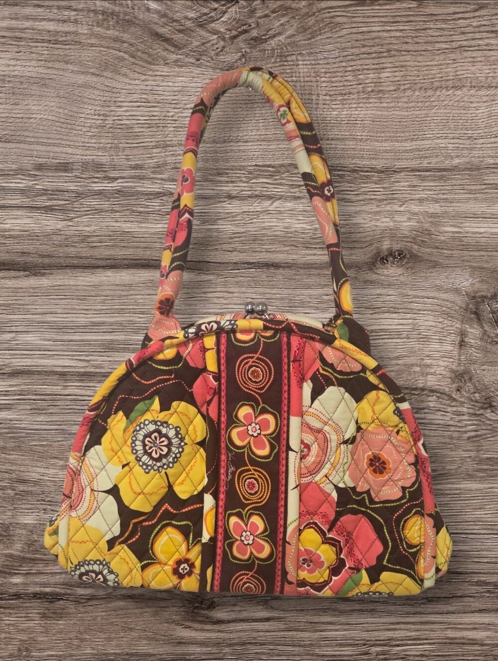 Vera Bradley Floral Quilted Dome Shoulder Bag in Brown, Yellow & Pink